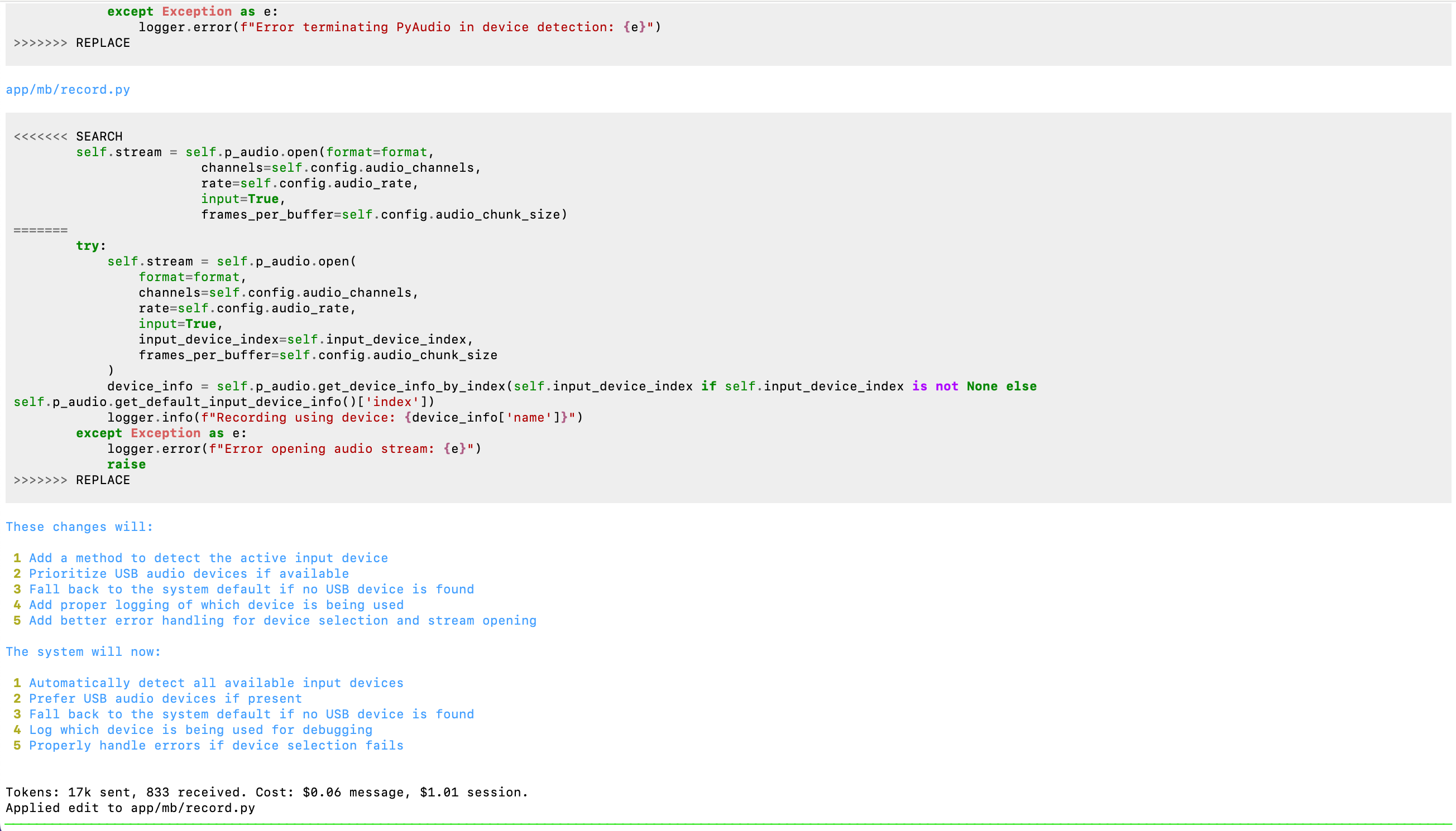 Aider implementing the audio device detection solution