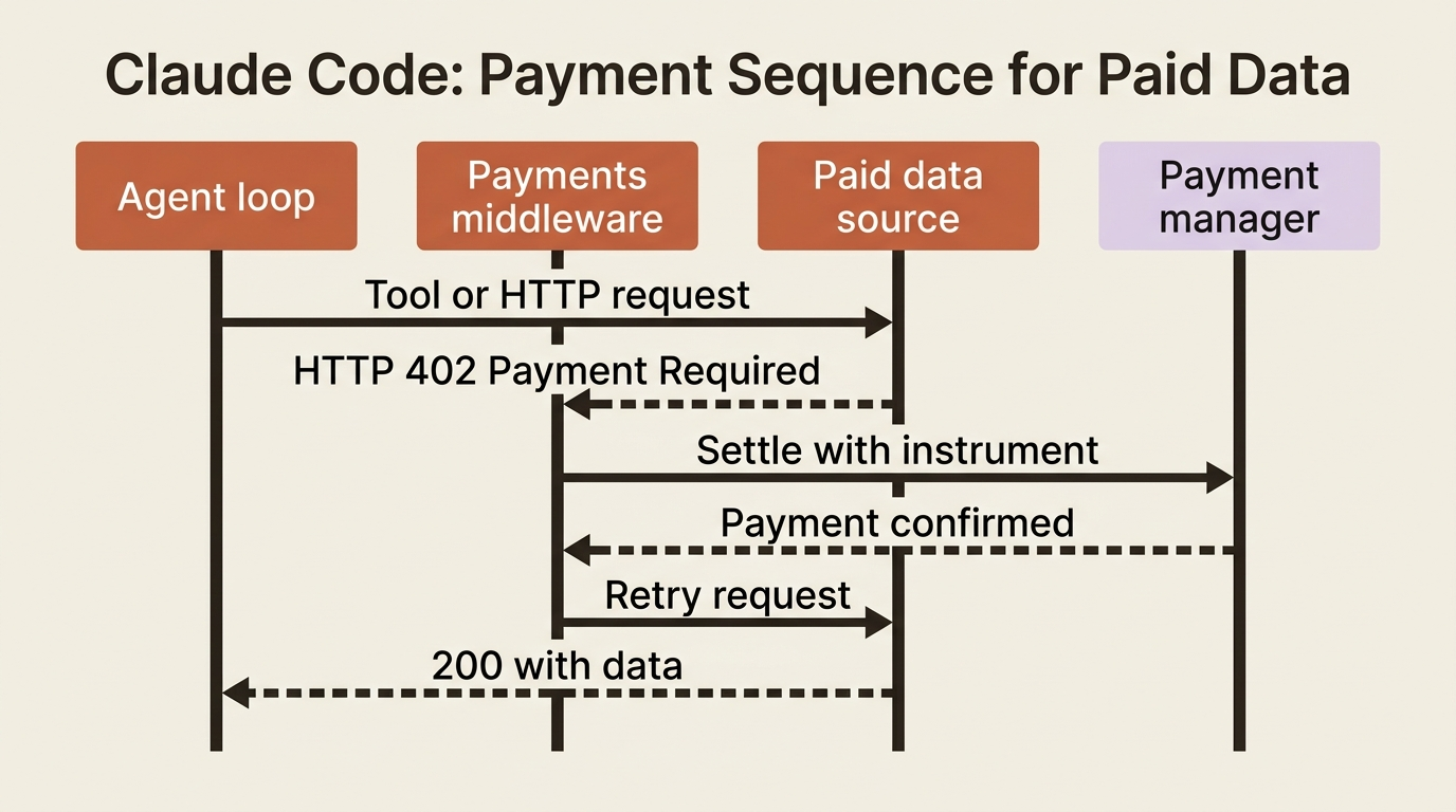 Sequence of an x402 Payment Required exchange: agent tool call, 402 response, payments middleware settles via payment manager, retry succeeds.