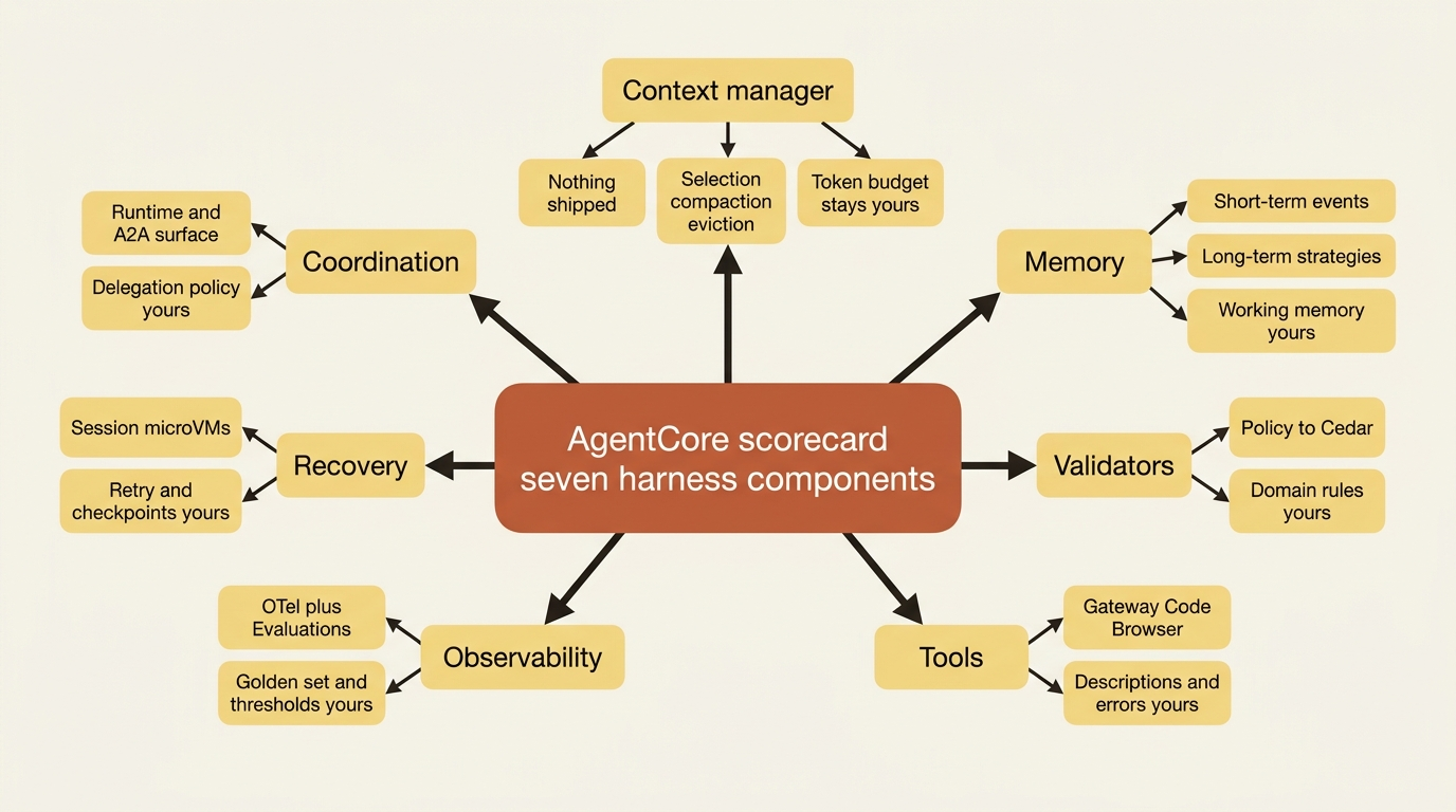 Mindmap of the seven-component AgentCore scorecard: context manager is untouched, memory tools and observability have managed depth, validators and recovery are partial, and coordination leaves policy on your side.