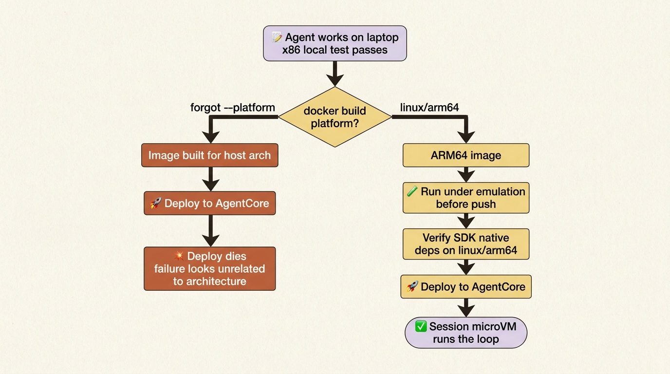 ARM64 deploy path: a successful laptop test still fails if you forget linux/arm64; build for ARM, emulate, verify native SDK deps, then deploy.