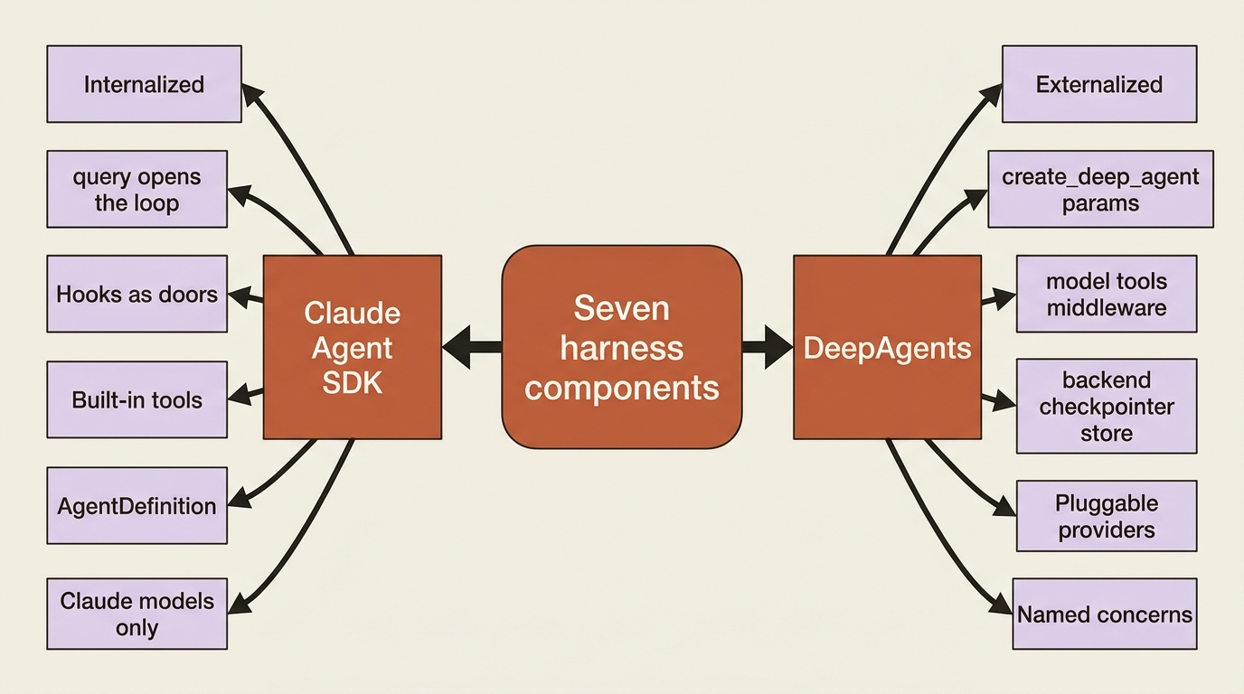 Claude Agent SDK internalizes the seven components behind query and hooks; DeepAgents externalizes them as constructor parameters you can name and swap.