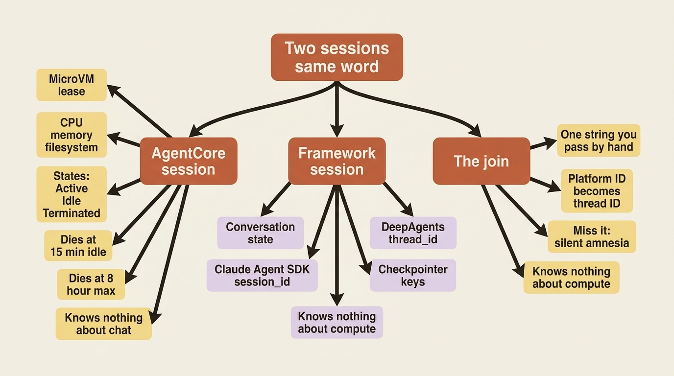 A mindmap of two unrelated meanings of session: AgentCore's microVM lease with Active, Idle, and Terminated states, versus the framework conversation keyed by session_id or thread_id, joined only by a string you pass by hand.