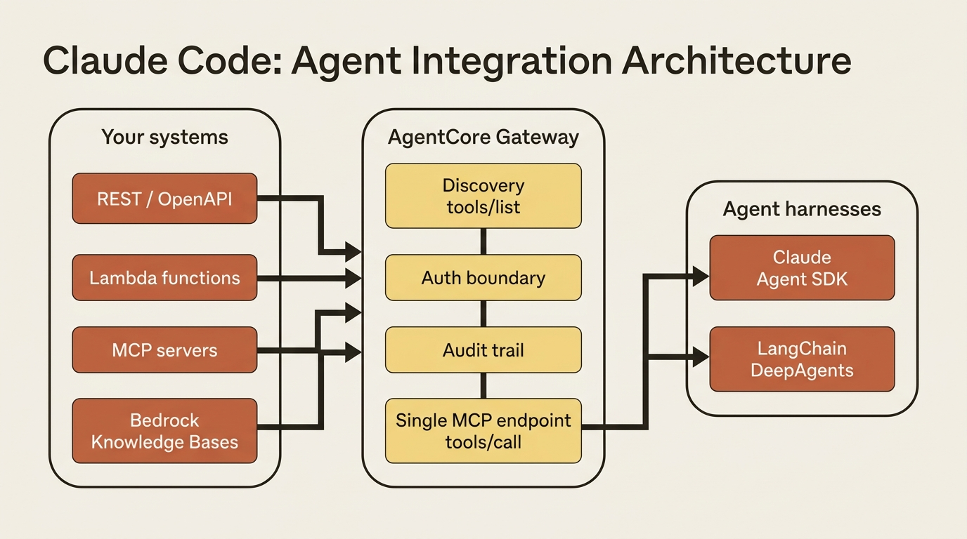 AgentCore Gateway as a capability registry: many backends become one MCP endpoint that both harnesses call.