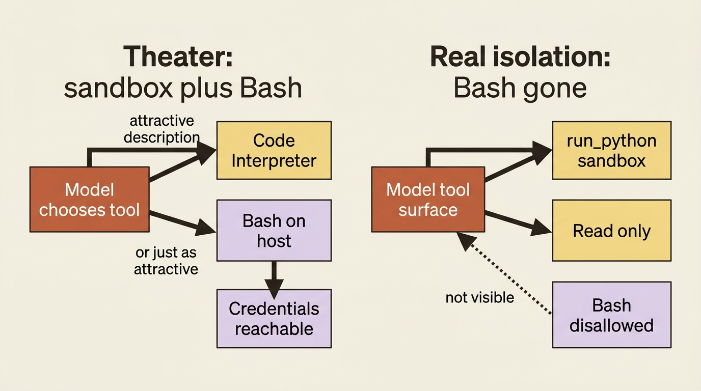 Sandbox beside Bash is theater; disallowed_tools removes the host shell so isolation is mechanical.