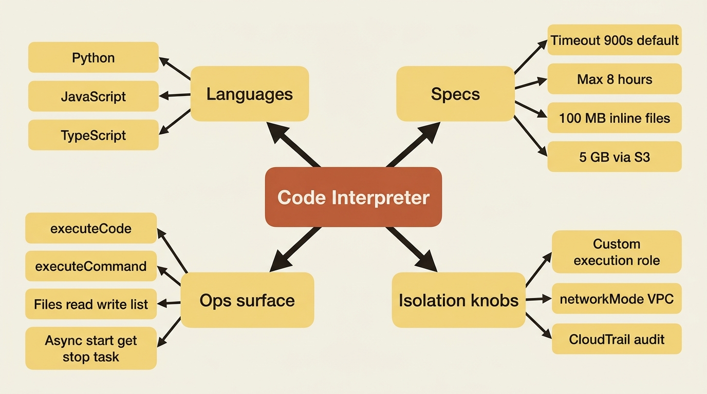 Code Interpreter capabilities: languages, timeouts, file limits, ops surface, and isolation knobs.