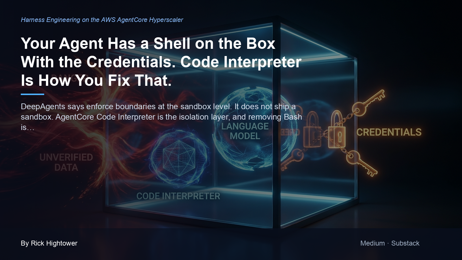 Cover image for “Your Agent Has a Shell on the Box With the Credentials. Code Interpreter Is How You Fix That.” by Rick Hightower