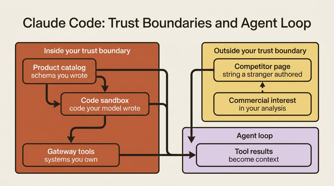 Prior tools feed the agent loop from systems you own; a competitor page is authored outside your trust boundary and can still land in context.
