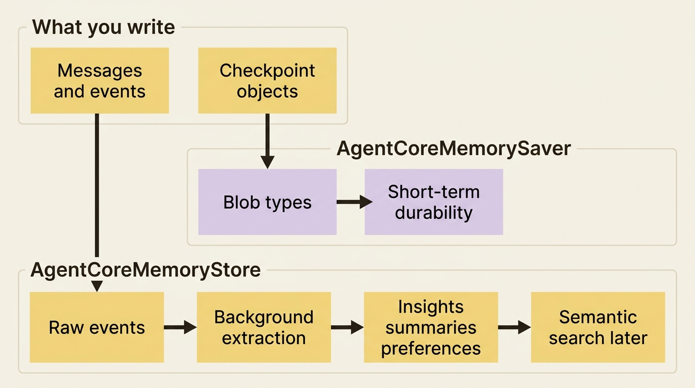 The checkpointer stores what happened; the store extracts what it meant and makes those facts searchable later.