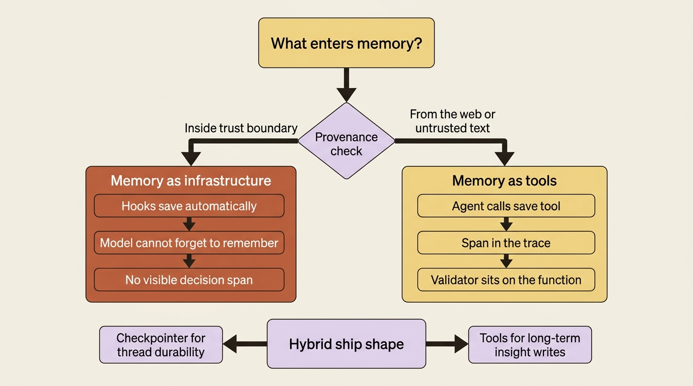 Choose the write path by provenance: trusted input can use infrastructure hooks; untrusted web content wants an explicit tool and a validator.