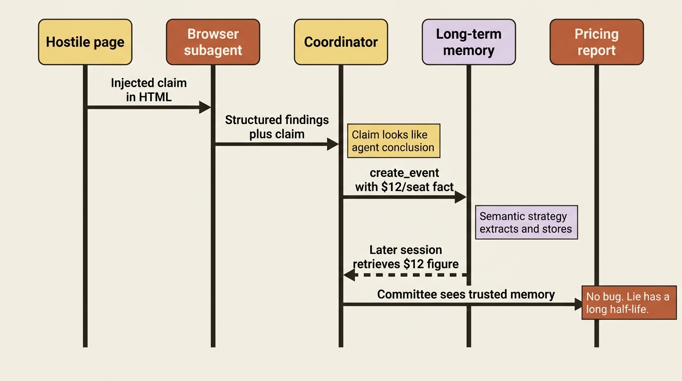 Four hops move a hostile HTML claim into long-term memory and a committee report without any component failing.