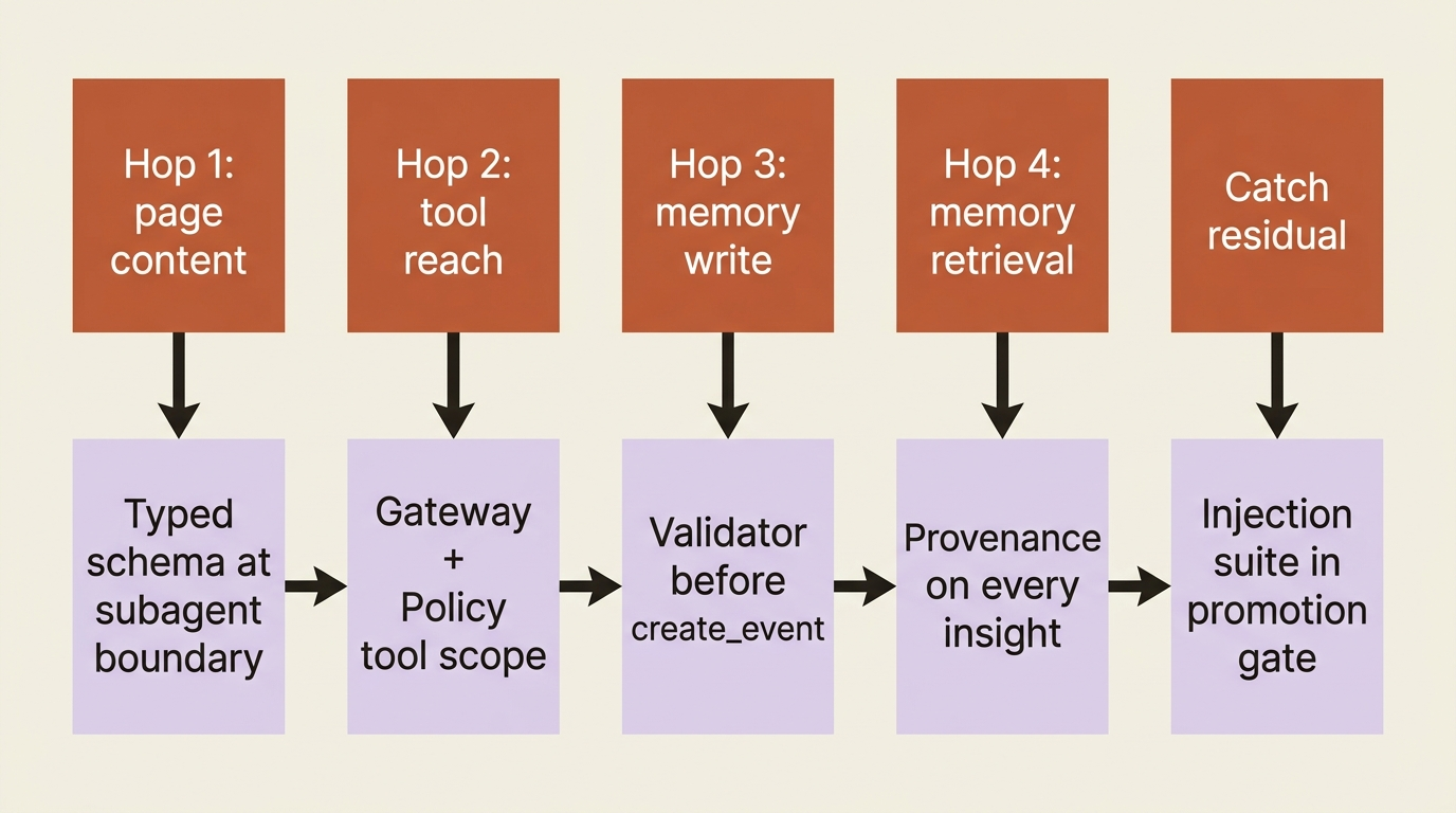 Each hop has a control: typed schema, tool scope, write-time validator, provenance on retrieve, and an injection suite in the promotion gate.