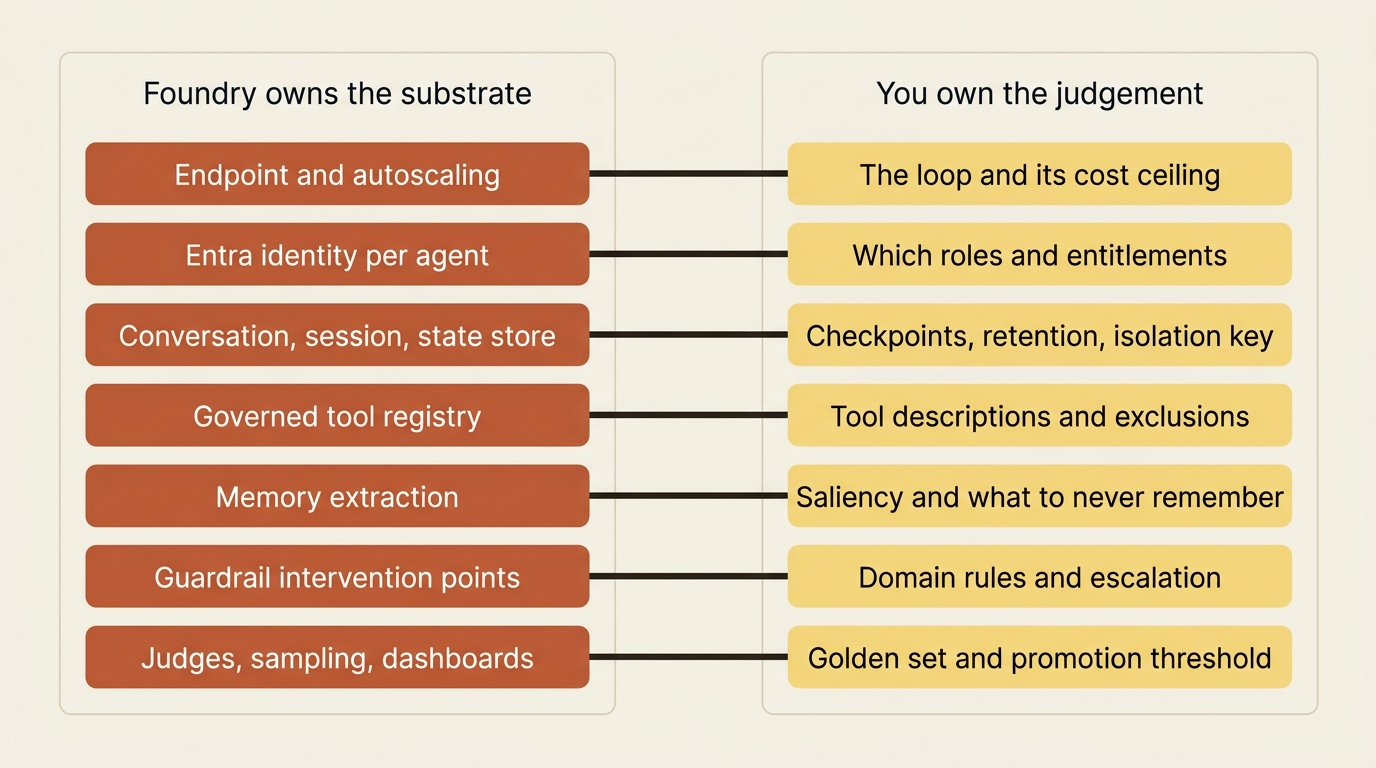 The responsibility split: seven things Foundry owns on the substrate side, and the seven judgement calls that stay yours
