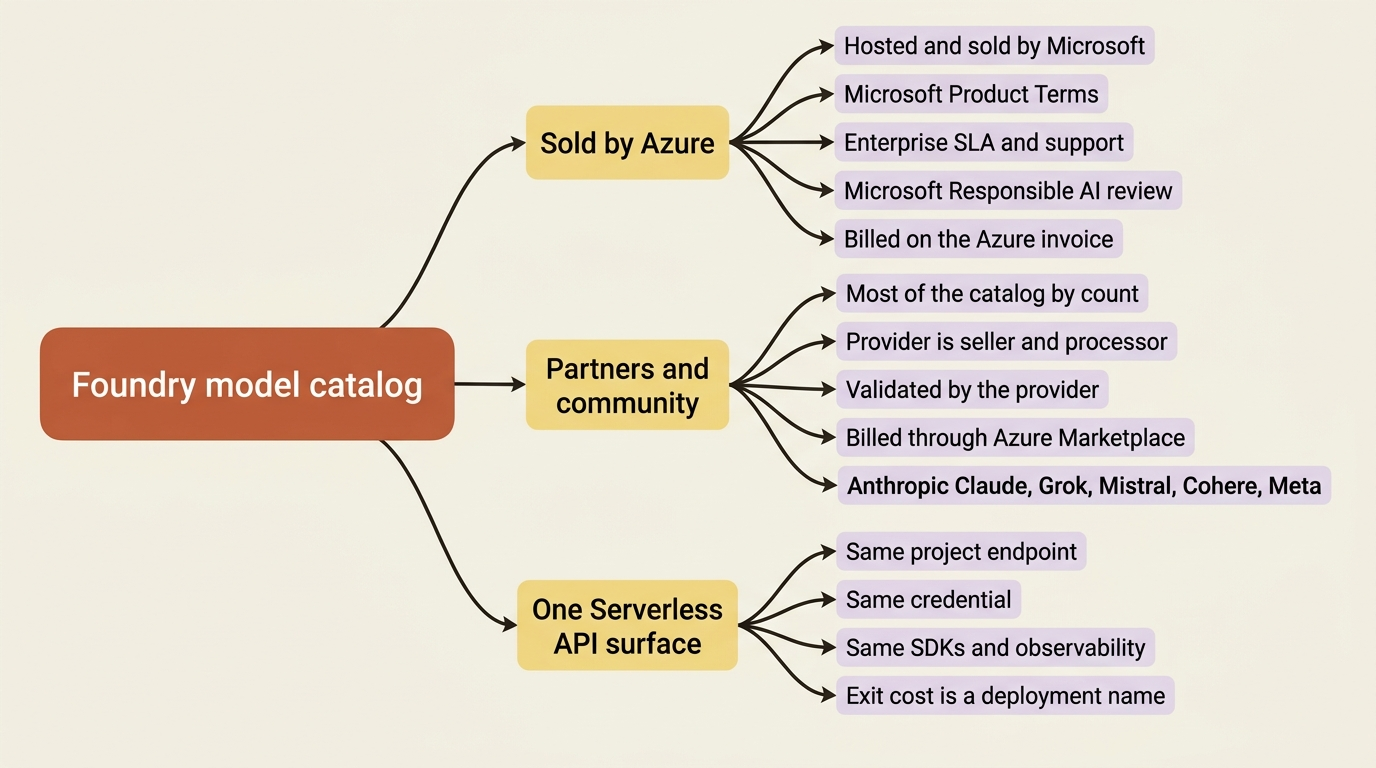 A mindmap of the Foundry model catalog, split into models sold by Azure and models from partners and community, with both converging on a single Serverless API surface.