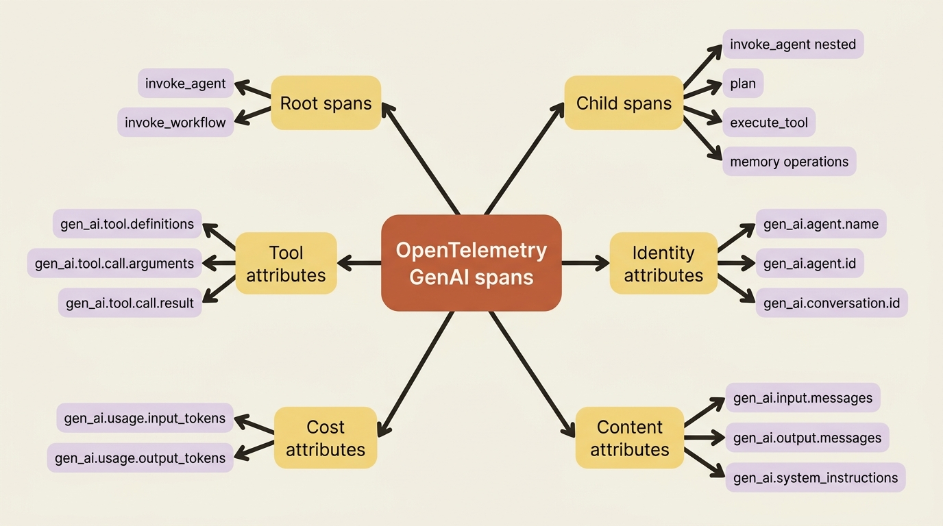 Mindmap of the OpenTelemetry GenAI span vocabulary: root spans, child spans, and the tool, identity, cost, and content attribute families.