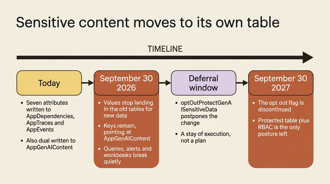 Timeline of the sensitive-content migration: dual writes today, old tables stop receiving values on September 30 2026, and the opt-out flag is discontinued on September 30 2027.