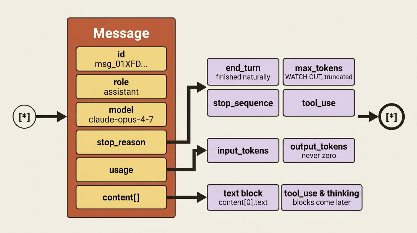 A map of the response object: content is an array of blocks, stop_reason explains why generation ended, and usage reports the tokens you were billed for.
