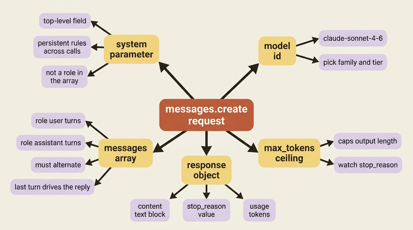 The anatomy of a messages.create request: the system parameter sits alongside the messages array, plus model id, max_tokens, and the response object that comes back.