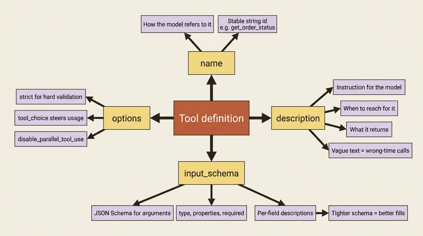 A mindmap of the three required fields in a Claude tool definition (name, description, input_schema) and the optional levers (strict, tool_choice, disable_parallel_tool_use) that shape behavior.