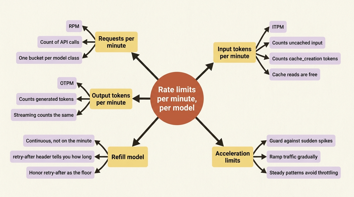 A mindmap of the three rate-limit axes (RPM, ITPM, OTPM), the continuous refill model, and the acceleration limits that punish sudden spikes.