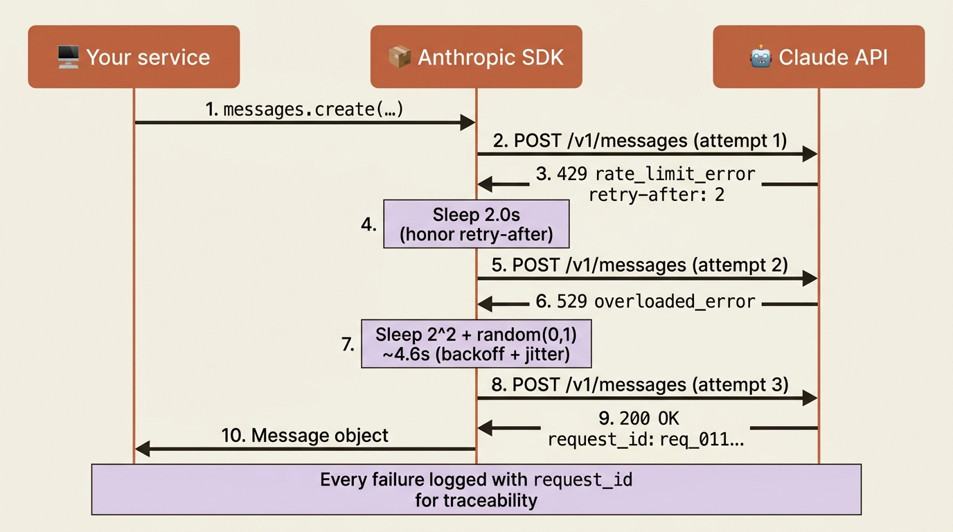 A sequence showing three attempts: the first hits a 429 and honors retry-after, the second hits a 529 and backs off with jitter, the third succeeds and returns a request_id.