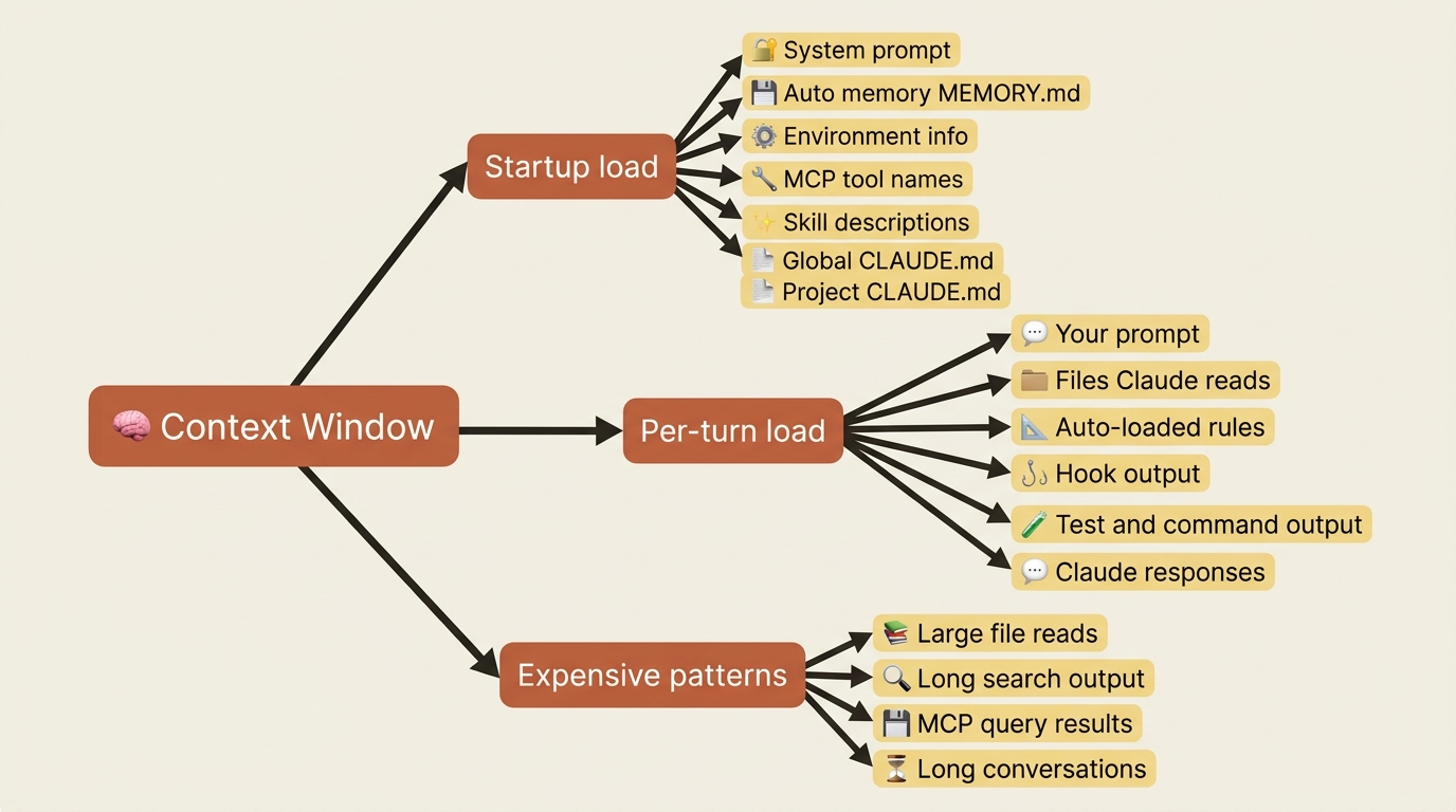 A mindmap of the context window: the layers loaded at startup, the layers added on every turn, and the patterns that burn tokens fastest.