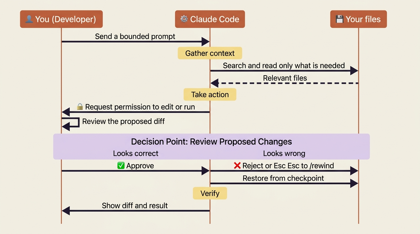 The verify-before-you-trust loop: Claude gathers context and proposes a change, you review the diff, and you either approve it or rewind to a checkpoint.