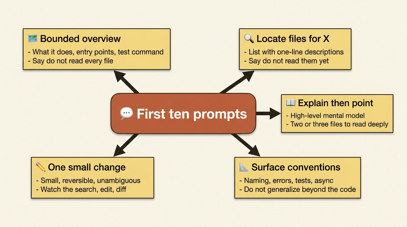 The five day-one prompt patterns as a mindmap: each one is bounded by an explicit instruction that keeps the context window lean.