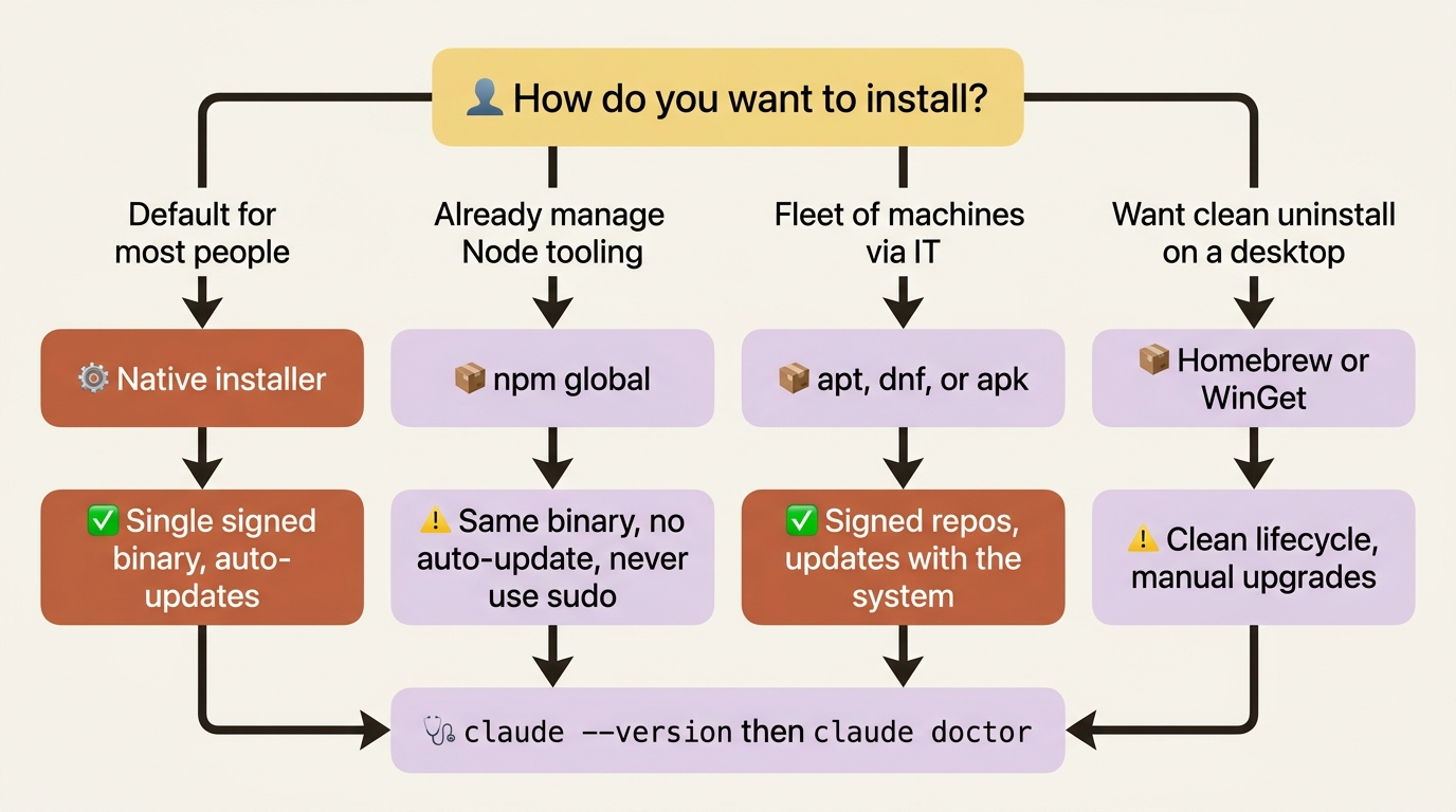 Choosing a Claude Code install path: the native installer is the default, with npm, system repos, and Homebrew or WinGet as situational alternatives, all verified the same way.