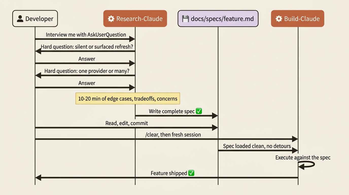 A sequence diagram of the interview-to-spec workflow: research-Claude interviews you, writes the spec to disk, and a fresh build-Claude executes it.