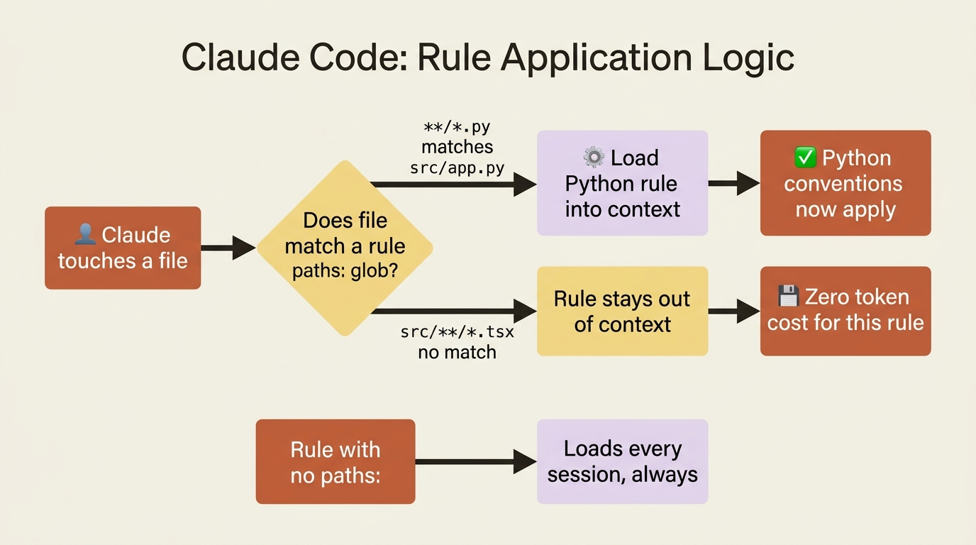 A flowchart showing how Claude Code checks a touched file against each rule's paths glob, loading only the rules that match and leaving the rest out of context at zero cost.