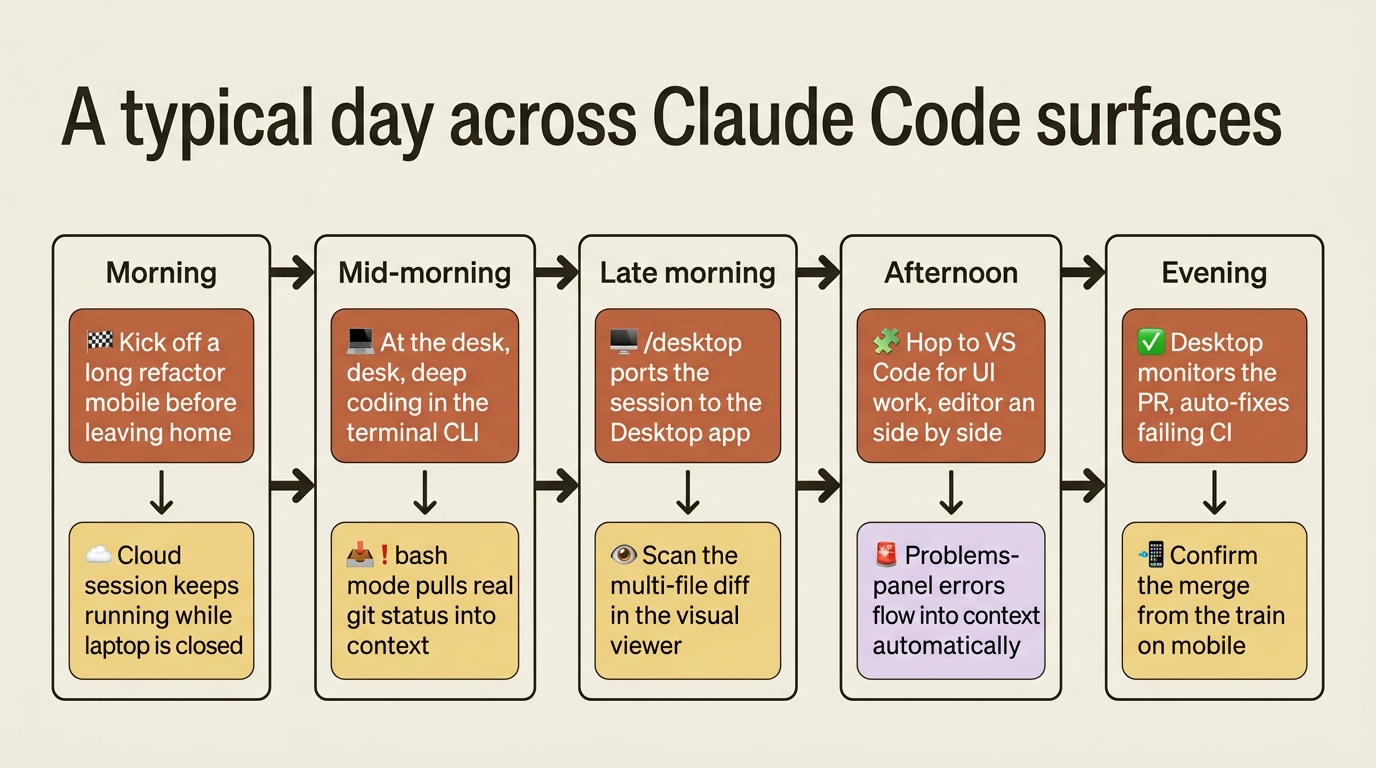 Timeline of a typical engineering day moving across mobile, CLI, Desktop, VS Code, and back to mobile