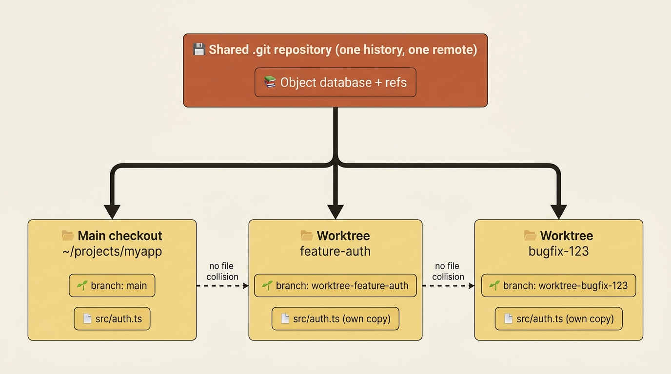 Block diagram showing one shared .git repository feeding a main checkout and two parallel worktrees, each on its own branch with its own copy of the same file, so file edits never collide.