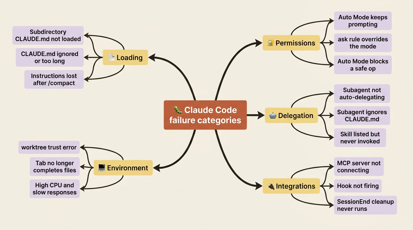 A mindmap grouping seventeen Claude Code failure modes into five categories: loading, permissions, delegation, integrations, and environment.