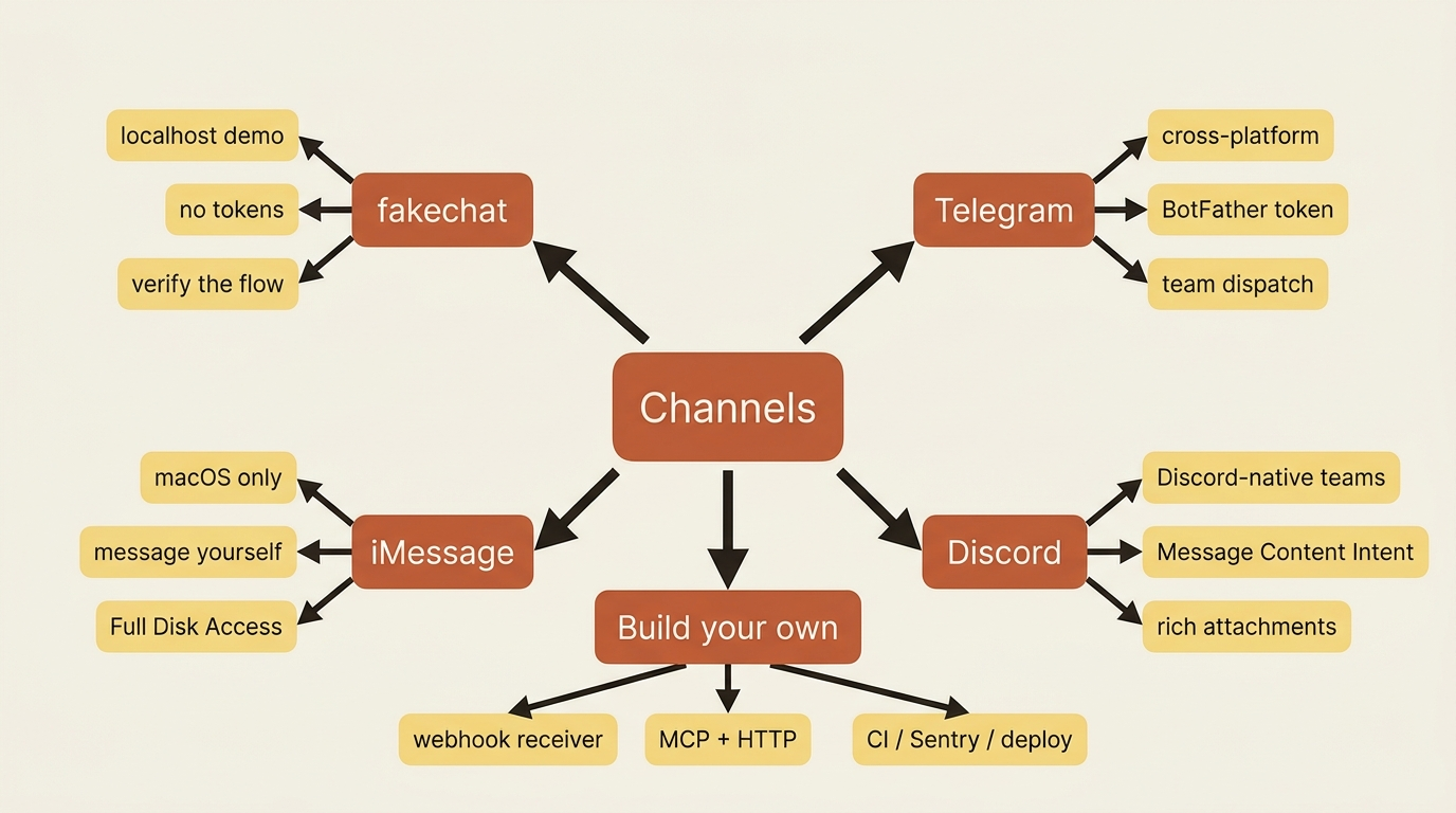 The five channel options: fakechat to verify the flow, iMessage on macOS, Telegram for cross-platform teams, Discord for Discord-native teams, and a build-your-own webhook receiver.