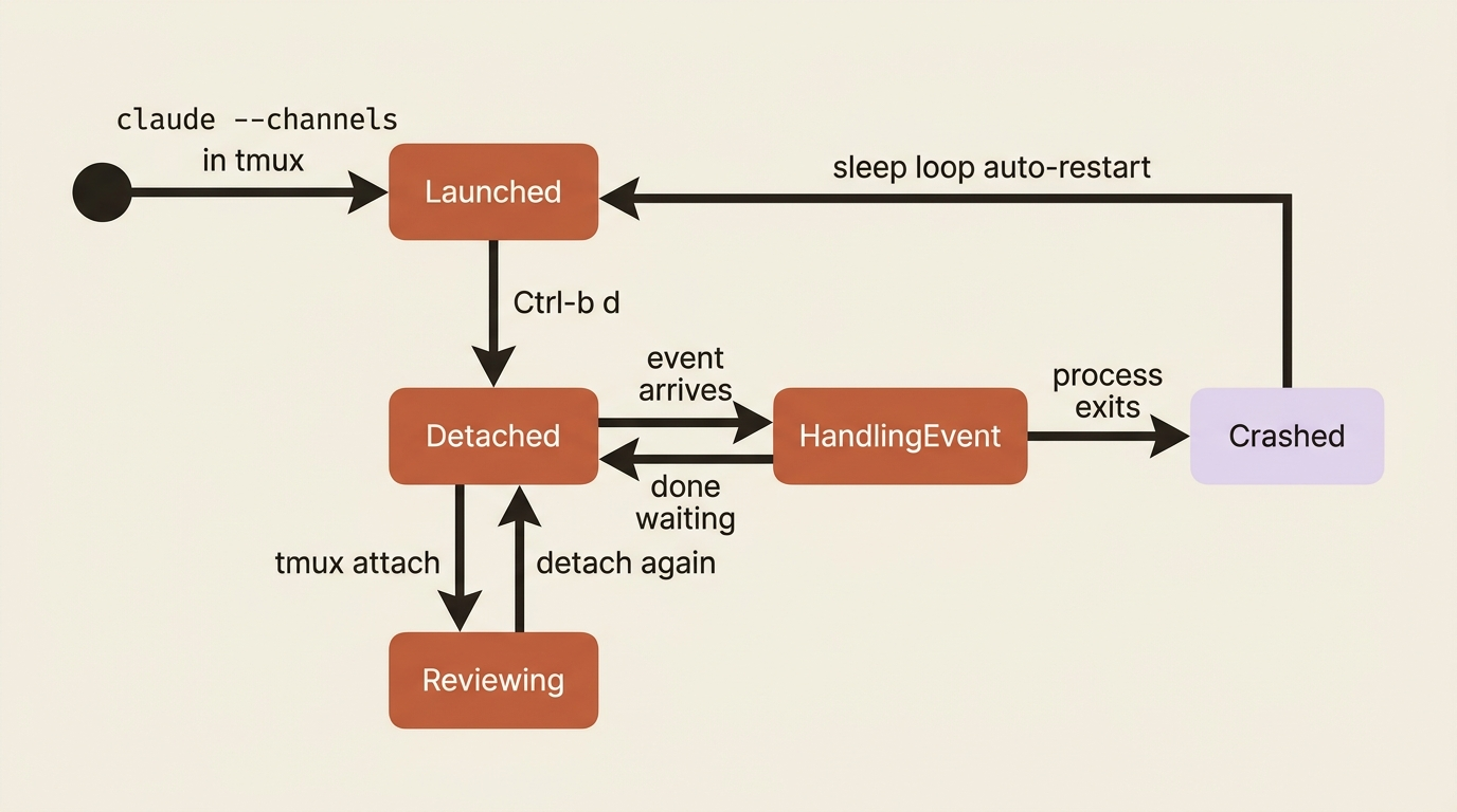 The always-on lifecycle: launch in tmux, detach, handle events as they arrive, reattach to review, and auto-restart with a sleep loop if the process crashes.