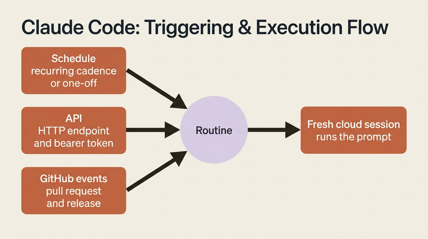 The three trigger types feeding one routine: a schedule for recurring cadence, an API endpoint for programmatic firing, and GitHub events for pull requests and releases.
