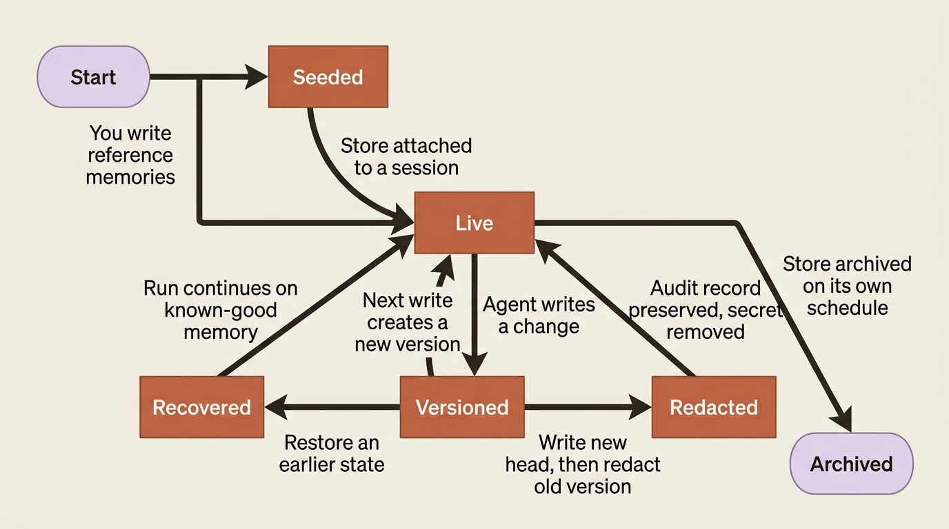 The lifecycle of a memory: seeded, attached, versioned on every write, with branches for recovery to an earlier state and redaction of a historical version.
