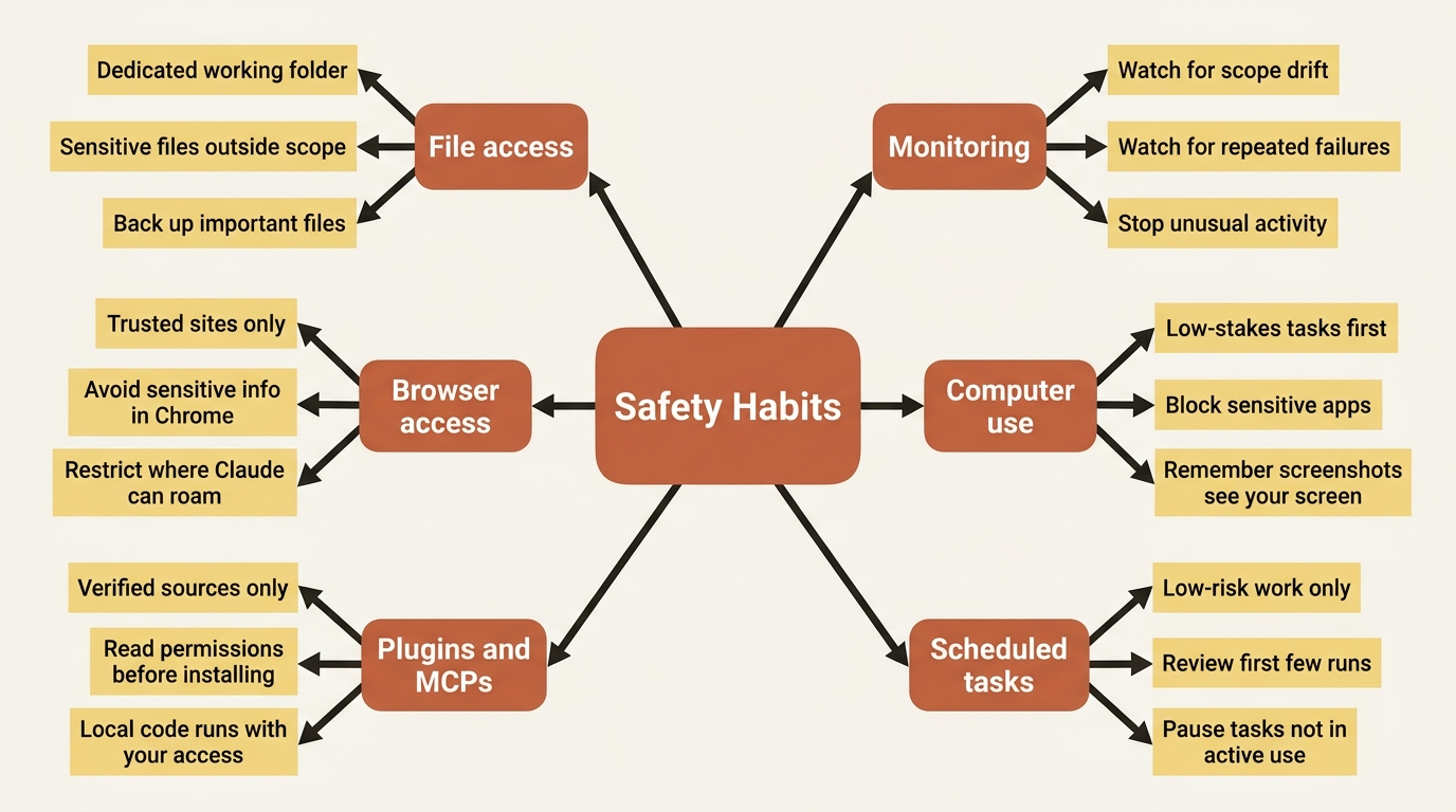 The safety habits that keep a Cowork setup secure in practice.