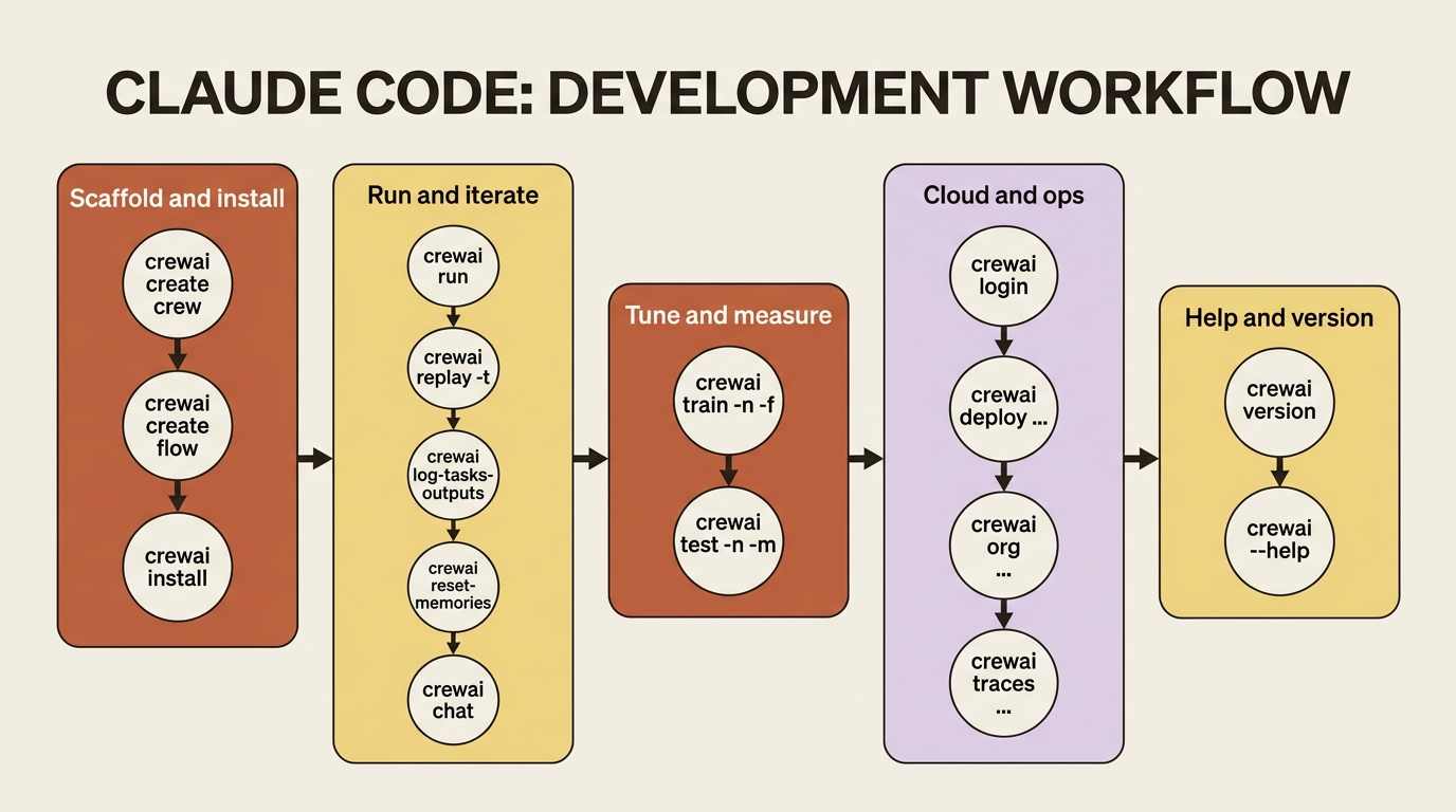 A grouped map of the CrewAI CLI: scaffold and install, run and iterate, tune and measure, cloud and ops, plus help and version.