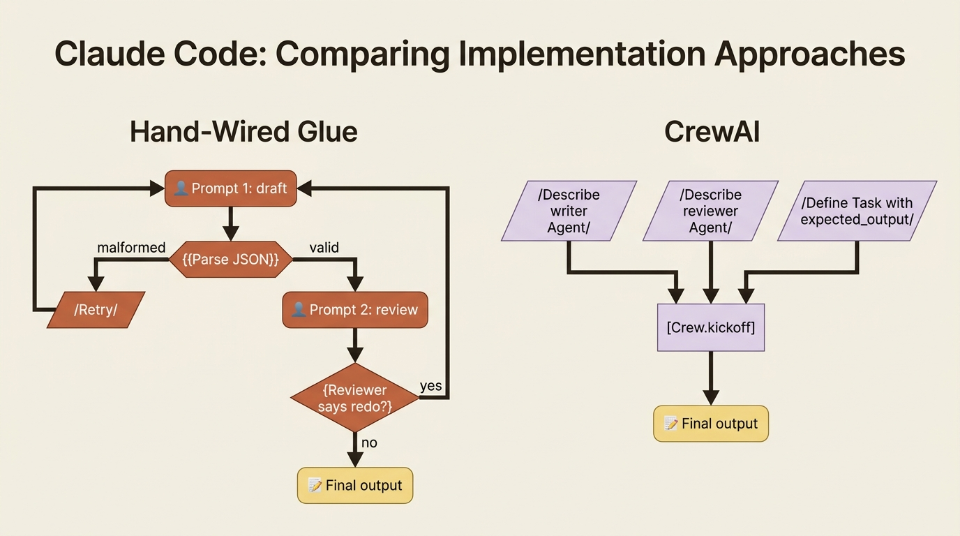 Hand-wired orchestration on the left, the same workflow described as Agents, Tasks, and a Crew on the right. CrewAI replaces the glue.