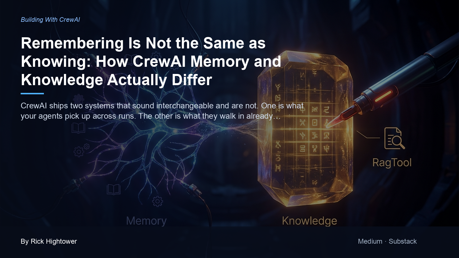 Cover image for “Remembering Is Not the Same as Knowing: How CrewAI Memory and Knowledge Actually Differ” by Rick Hightower