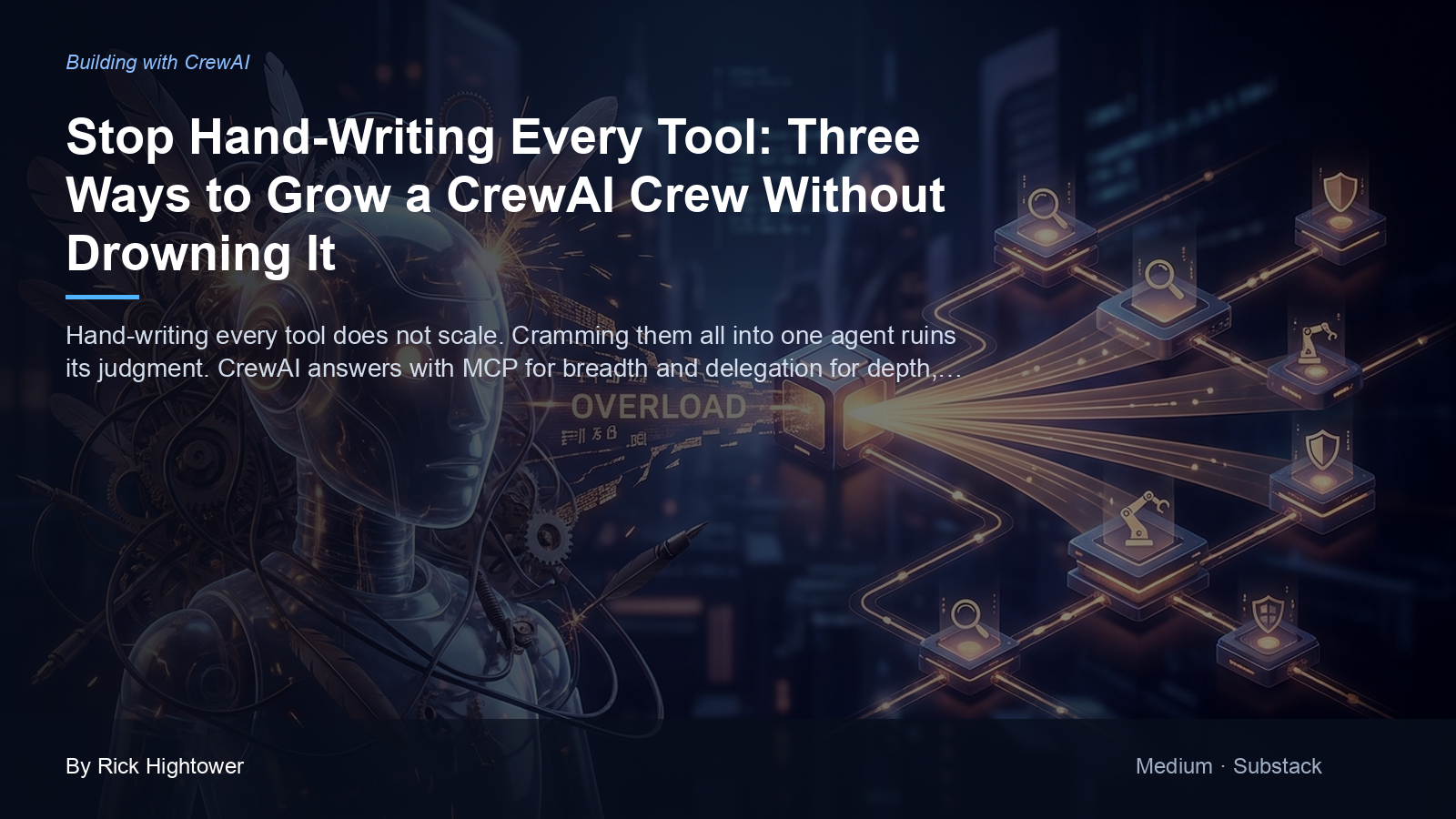 Cover image for “Stop Hand-Writing Every Tool: Three Ways to Grow a CrewAI Crew Without Drowning It” by Rick Hightower