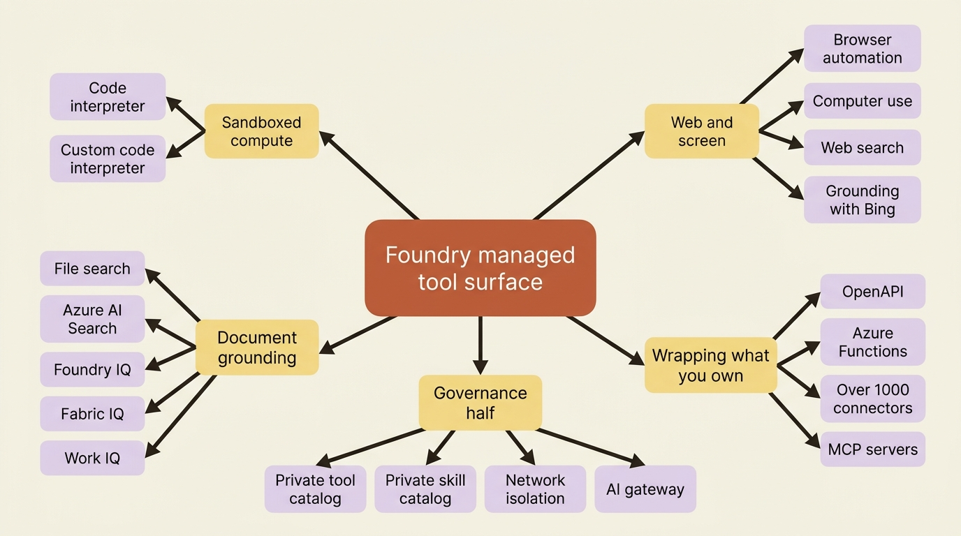 A mindmap of the Microsoft Foundry managed tool surface, grouped into sandboxed compute, web and screen tools, document grounding, wrappers over systems you already own, and the governance layer.