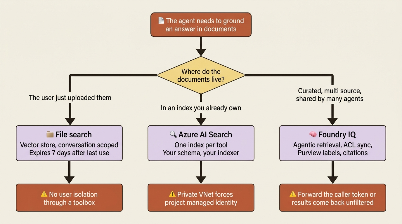 A decision flowchart for document grounding: file search for freshly uploaded documents, Azure AI Search for an index you own, and Foundry IQ for a curated multi-source knowledge base, each annotated with the constraint that bites.