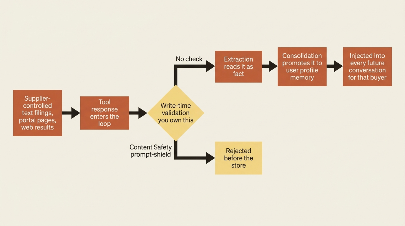Flowchart showing supplier-controlled text becoming a consolidated profile memory unless write-time validation intercepts it
