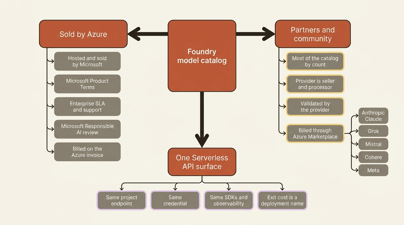 A mindmap of the Foundry model catalog, split into models sold by Azure and models from partners and community, with both converging on a single Serverless API surface.