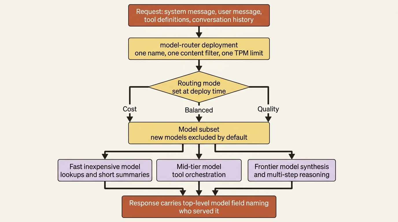 A flowchart of one Model Router request: the full request context enters a single router deployment, routing mode and model subset narrow the pool, and the response names the underlying model that served it.