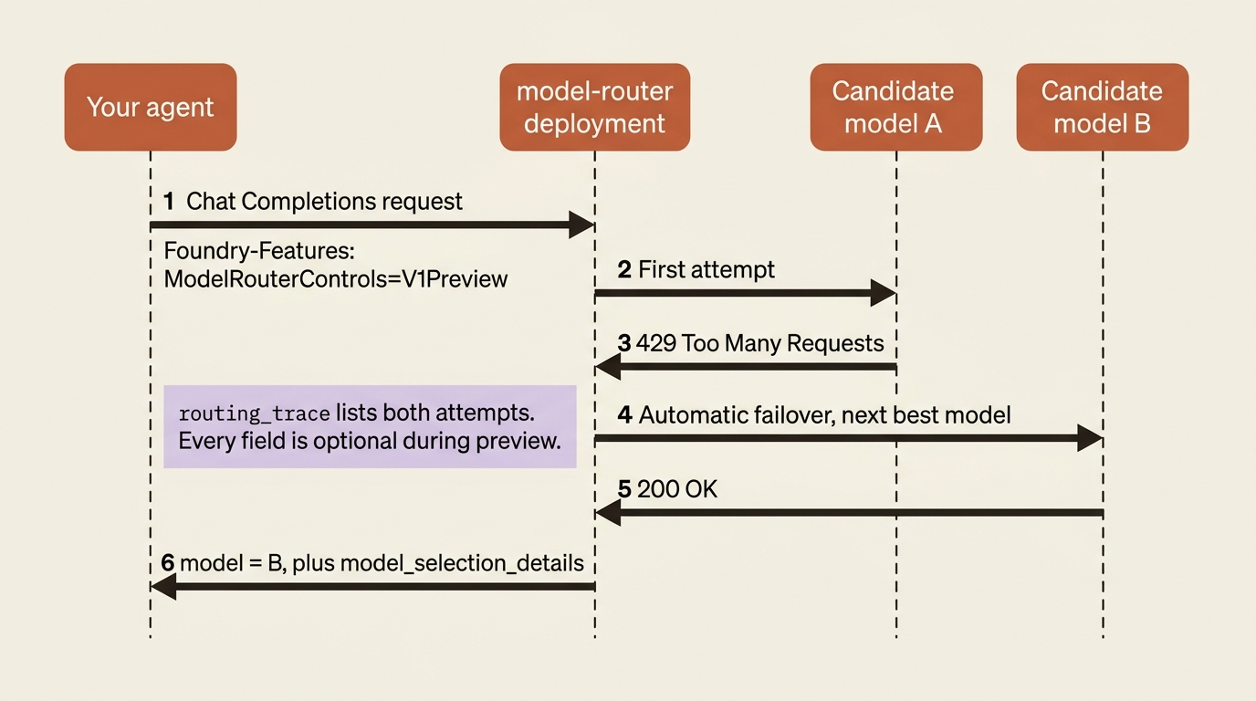 A sequence diagram showing a router request where the first candidate model returns 429, the router fails over to a second model that returns 200, and the client receives a correct answer plus a routing trace listing both attempts.