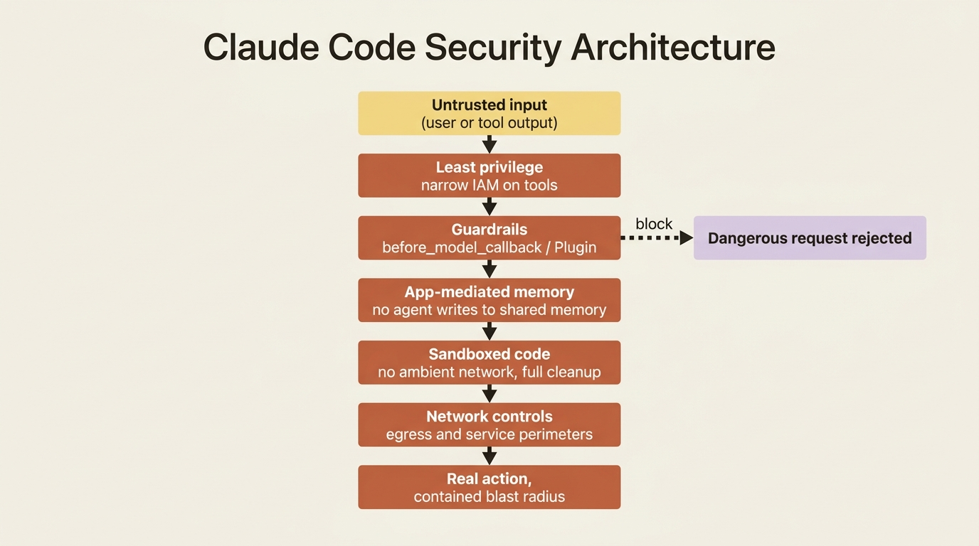 A flowchart of defense in depth: an untrusted request passes through least-privilege tool identity, input and output guardrails, app-mediated memory writes, sandboxed code execution, and network egress controls before it can reach real damage.
