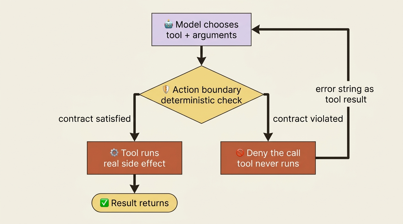 The action boundary: the model chooses arguments, a deterministic check runs, and the tool fires only if the contract is satisfied; otherwise the call is denied and the error returns to the model.